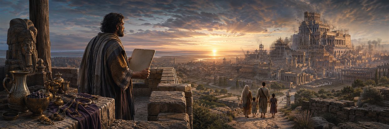 Habakkuk waits on a stone watchtower holding a blank tablet as a humble family walks toward dawn below a proud city built through oppression