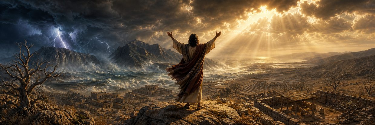 Habakkuk raises his hands from a high rock as storms shake mountains and waters while barren terraces and empty livestock stalls stretch below
