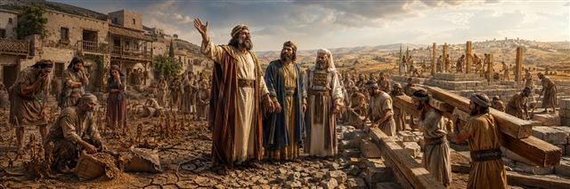 Haggai addresses Zerubbabel, Joshua, and returned exiles between failed fields and workers carrying cedar beams to an unfinished temple foundation
