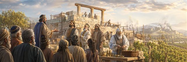 Haggai encourages Zerubbabel, Joshua, elders, and younger builders beside the rising Second Temple as a priest teaches near vessels and green vines