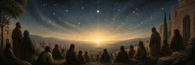 A gathered community beneath a star-filled sky watching distant lights converge toward a radiant horizon