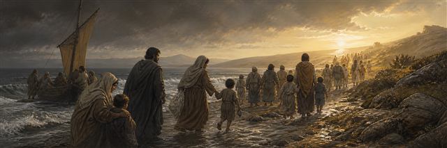 Families rescued from a stormy shoreline joining a multigenerational procession toward dawn