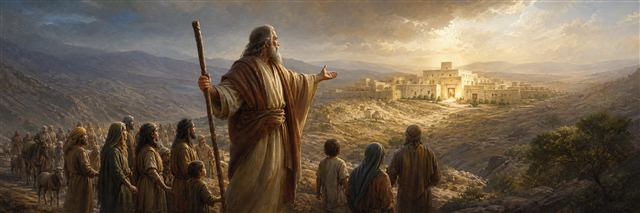 Moses leading families through wilderness toward a brightly opened communal dwelling