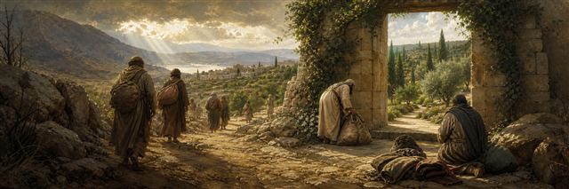 Weary travelers setting down heavy packs as they enter a peaceful cultivated garden