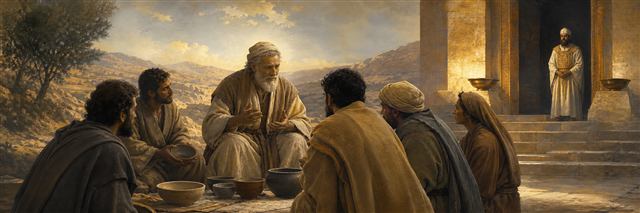 An elder teaching adults with simple bowls while a modest priest waits at a sanctuary entrance