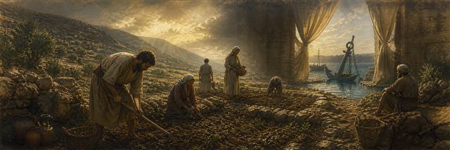Farmers tending newly watered ground as a large ship’s anchor rests securely beyond an open harbor gate