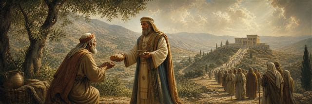 Melchizedek offering bread and blessing to Abraham while generations travel toward a distant sanctuary