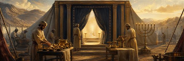 Priests preparing lamps and vessels around a tabernacle whose opened veil reveals only warm light