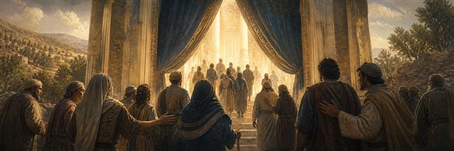 A diverse congregation encouraging weary companions as a great sanctuary curtain opens toward light