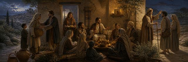 A house church welcoming travelers, sharing a meal, supporting families, and blessing departing guests