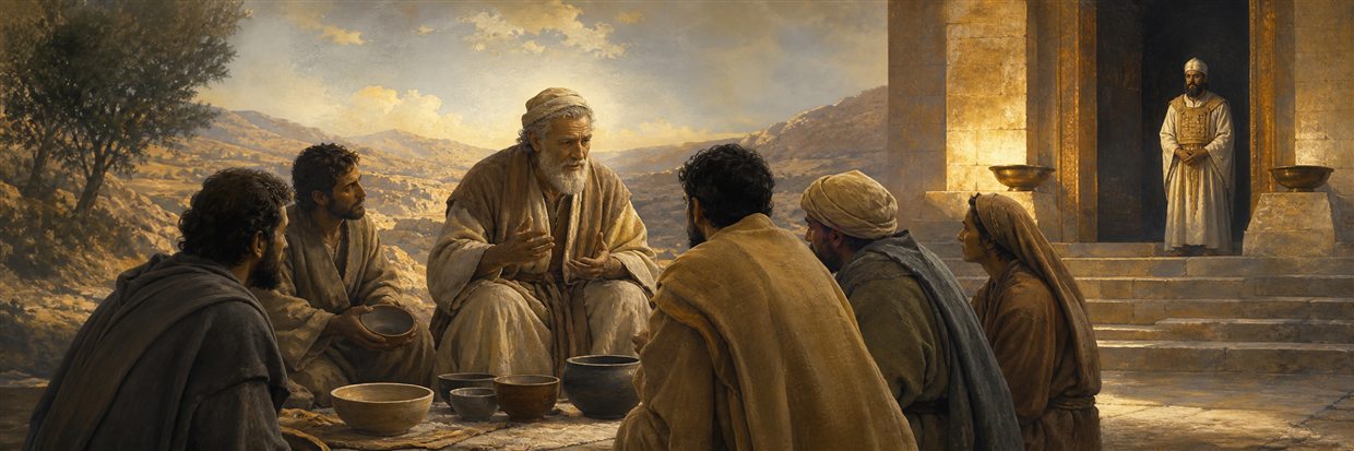 An elder teaching adults with simple bowls while a modest priest waits at a sanctuary entrance