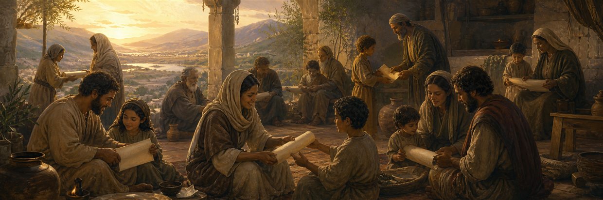 Families teaching one another from blank scrolls as sunrise fills a renewed communal home