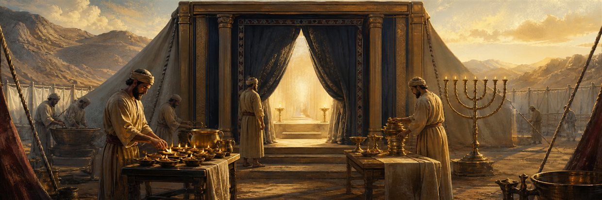 Priests preparing lamps and vessels around a tabernacle whose opened veil reveals only warm light