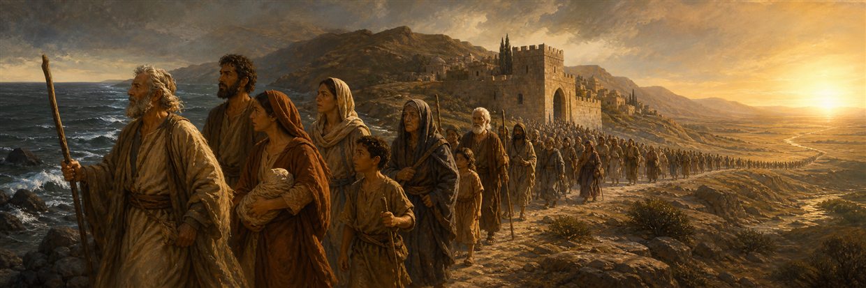 Generations of faithful travelers crossing sea edge, wilderness, and city roads toward a distant sunrise
