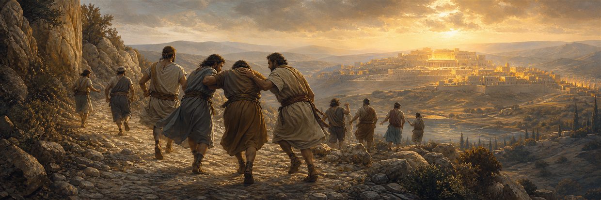 Travelers helping an exhausted runner along a mountain road toward a radiant city gathering