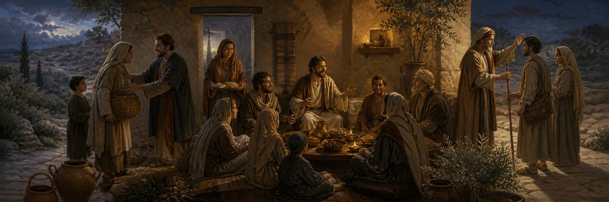 A house church welcoming travelers, sharing a meal, supporting families, and blessing departing guests