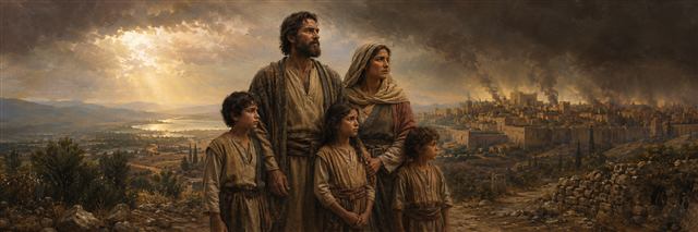 Hosea and Gomer stand solemnly with their three children between a sunlit valley and a city beneath gathering storm