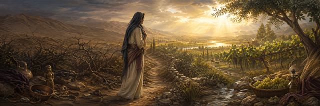 A woman stands where a thorn-blocked barren path opens into a luminous vineyard with grain, oil, water, and peaceful animals