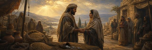 Hosea respectfully welcomes his estranged wife at a marketplace beside measured silver and sacks of barley