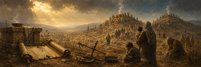 A torn covenant scroll and broken balance scales lie beside an abandoned altar as crowds climb toward burning hilltop shrines