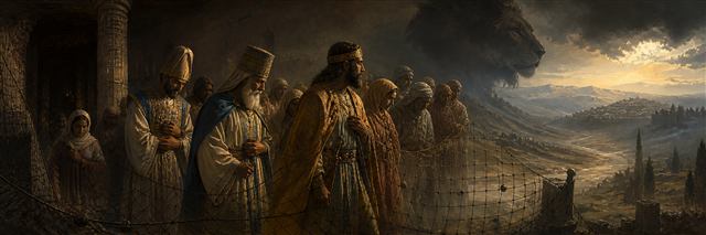 Priests, rulers, and people stand trapped behind a hunter's net as a lion's shadow looms over the road ahead