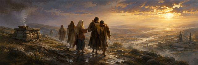 Travelers support a wounded man along a rain-wet road toward dawn while an unused altar stands beneath fading mist