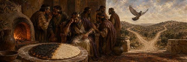 A half-burned, half-raw flatbread lies beside a glowing oven as courtiers whisper around a weary king and a dove crosses divided roads
