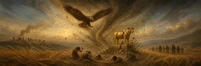 A vast whirlwind scatters grain beneath a circling eagle as people gather around the cracked golden calf shrine of Samaria