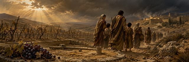 Israelite families depart along an exile road past a withered vineyard and an abandoned cluster of ripe grapes