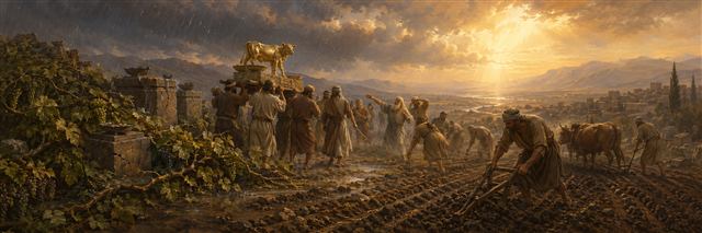 People carry a golden calf away from rain-soaked, vine-covered altars while farmers plow fresh straight furrows toward dawn