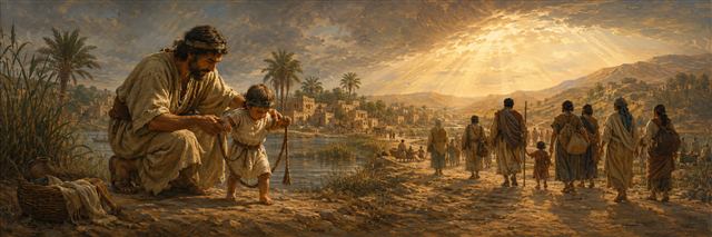 An Israelite father gently teaches a child to walk beside a river settlement as older families follow a road toward the hills