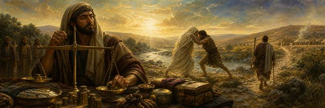 A merchant grips weighted scales while Jacob wrestles a shrouded messenger at dawn and a traveler walks toward distant tents