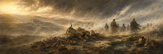 A fierce east wind scatters chaff and mist across a dry spring, broken royal emblems, and a shattered golden calf idol