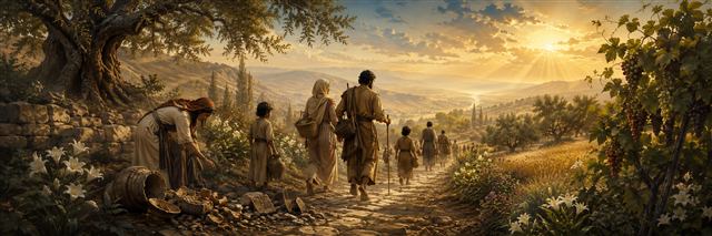 Families leave broken idols beside the road and enter a dew-bright landscape filled with lilies, olive trees, grain, and fruitful vines