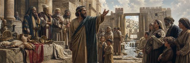 Isaiah confronting Jerusalem's prosperous leaders as widows and orphans wait beside cleansing water