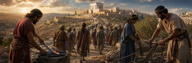 People from many nations ascending toward Zion while swords are reshaped into farming tools