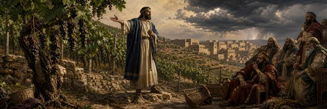 A vineyard owner examining wild grapes while signs of injustice and approaching judgment fill the valley