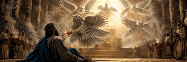 Isaiah kneeling in a smoke-filled temple as a seraph brings a glowing coal toward him