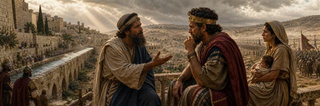 Isaiah speaking with anxious King Ahaz beside Jerusalem's upper aqueduct as a mother holds a child nearby