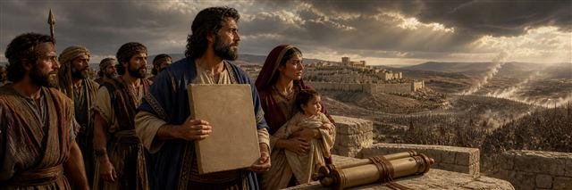Isaiah with his family and disciples beside a blank scroll as symbolic floodwaters approach Judah