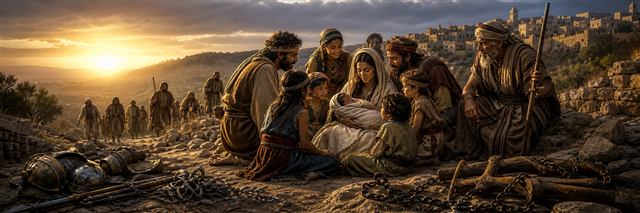Light breaking over people casting off a broken yoke as a royal infant rests safely among them