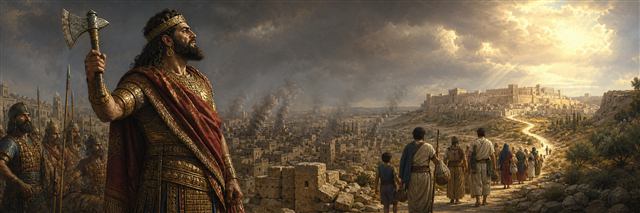 An arrogant Assyrian ruler lifting an axe while a small remnant journeys home beneath a growing shoot