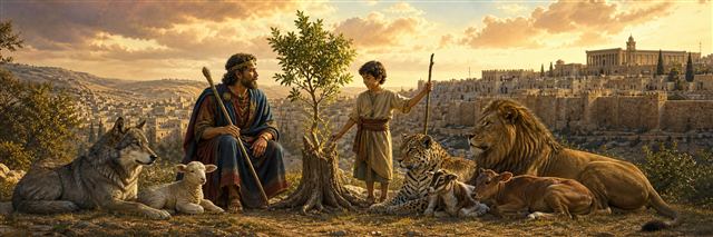 A child standing peacefully among a wolf, lamb, leopard, calf, lion, and bear near a fresh tree shoot