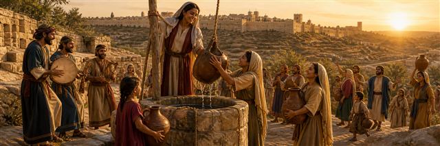Joyful families drawing clear water from wells and singing together beneath Jerusalem's morning light