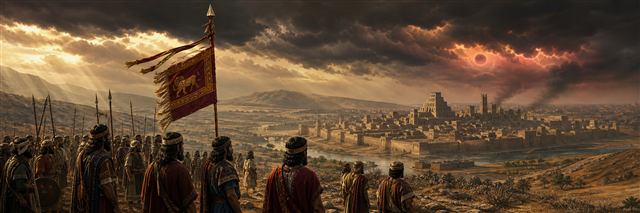 Median warriors assembling beneath signal banners as Babylon's towers stand under a darkening sky