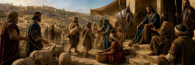Moabite envoys bringing lambs as refugees receive shelter before a just ruler seated near Jerusalem