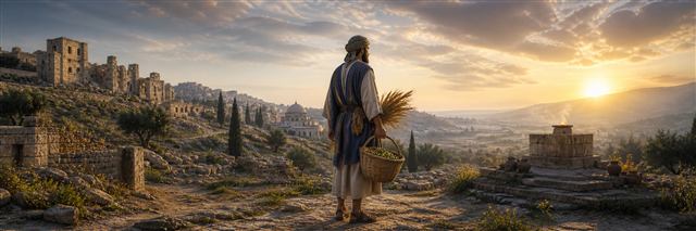 A solitary gleaner carrying grain beside ruined Damascus while turning toward a simple altar at sunrise