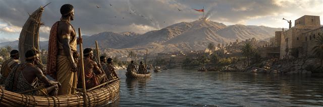 Cushite envoys traveling in reed boats toward a distant mountain marked by a raised signal banner