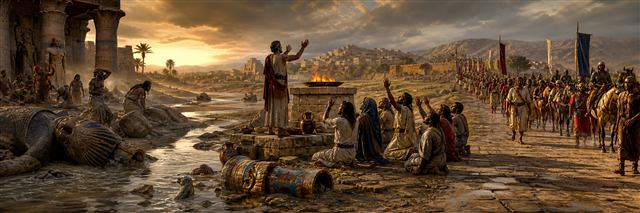 Egyptians gathered at an altar beside a broad highway linking Egypt, Assyria, and Israel after national turmoil
