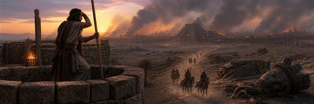 A watchman scanning approaching riders from a tower while Babylon burns in the distance